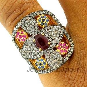 Natural Ruby Ring, Rose Cut Diamond Ring, Ruby & Sapphire Ring, Victorian Handmade Wedding Ring, Christmas Gift For Wife Jewelry,