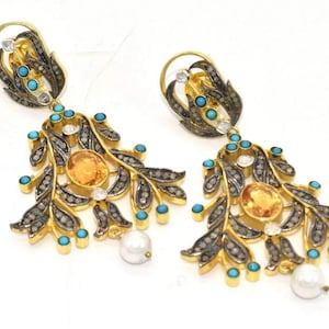 Unique Pave Diamond Polki  Earring Turquoise Citrine Gemstone Earring Gold & Sterling Silver Earring Handmade Wedding Earring Gift For Her
