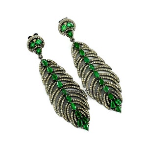 Victoriaanse Pave Rose Cut Diamond Oorbellen, Handgemaakte Nieuwe Stijl Diamond & Emerald Oorbellen, 925 Sterling Silver Leaf Oorbellen, Cadeau Voor Vrouw
