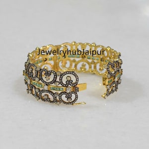 Diamond Jewelry Natural Rose Cut Diamond Emerald Bangle Vintage 925 Sterling Silver With Gold Bangle Victorian Wedding Women&#39;s Jewelry