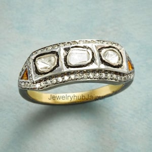 Classic Diamond Polki Ring, Gold  & 925 Sterling Silver Statement Ring, Handmade Victorian Ring, Wedding Women&#39;s Ring, Vintage Gift Jewelry