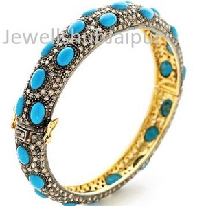 Victorian Bangles 925 Sterling Silver Bangle Pave Rose Cut Diamond & Turquoise Bangle Wedding Women&#39;s Bangle Everyday Bangle, Gift for her