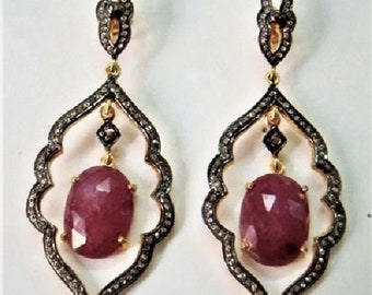 Victorian Diamond Earring, Pave Diamond Earring, Natural Ruby Earring, Gold 92.5 Sterling Silver Earring, Everyday Women's Earring