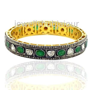 Natural Emerald Bangle Polki Diamond Bangle, Gold 925 Sterling Silver Bangle any Occasion Gift For Women&#39;s Jewelry Statement Bangle