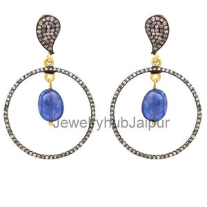 Vintage Tanzanite Sapphire Earrings Diamond Earrings 925 Sterling Silver & 14 k Gold Plated Earrings Engagement Hoop Earrings Gift For Her