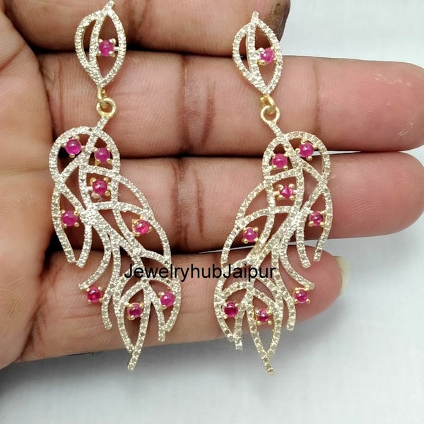 Victorian Diamond Leaf Earring, Pave Rose Cut Diamond  Earring, Natural Ruby Stud Earring, 925 Sterling Silver With 14 k Gold Earring