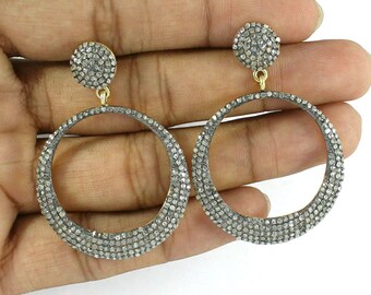 Diamond Hoop Earrings, Pave Rose Cut Diamond Girls Earring, 925 Sterling Silver & Gold Plated Women's Earring, Vintage Handmade Jewelry