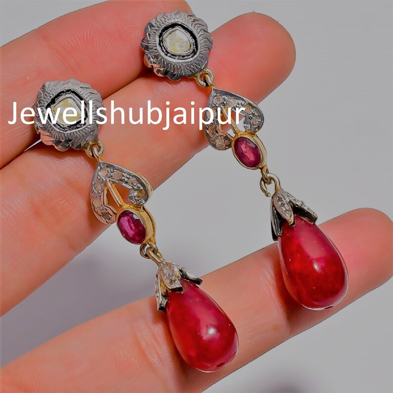 Earring Handmade Earring, Rose Quartz Ruby Earring,925 Sterling Silver Rose Cut Diamond Polki Earring