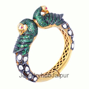 Vintage Polki Diamond Bangle Rose Cut Diamond Bangle 925 Sterling Silver & Gold Handmade Victorian Wedding Bangle Emerald Women&#39;s Bangle