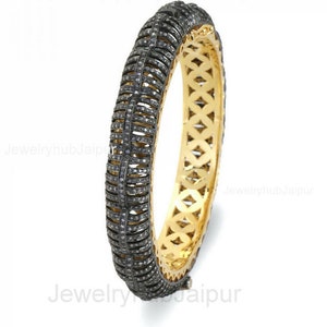 Victorian Diamond Bangle Natural Rose Cut Diamond Bangle, Full Diamond Wedding Bangle 925 Sterling Silver & Gold Bangle Open Finish Bangle