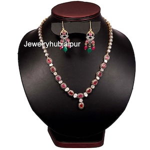 Pave Diamond Polki Necklace,Natural  Ruby Emerald Necklace Earring Set, Solid 925 Sterling Silver & Gold Necklace, Beautiful Wedding Gifts