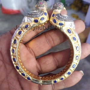 Antique Victorian Diamond Peacock Bangle 925 Sterling Silver & Gold Plated Handmade Bangle, Diamond Polki Sapphire Anniversary Gift Jewelry