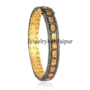 Natural Citrine Bangle, Antique Victorian Diamond Bangle, 925 Sterling Silver & Gold Bangle, Vintage Women&#39;s Bangle, Finish Gemstone Bangle