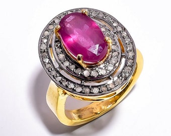 14 k, Vergulde Ring, Rose Cut Diamond Ring, Gemstone Ruby Ring, Victoriaanse Ring, 925 Sterling Silver Ring, Trouwring, Halo Ring
