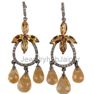 Natural Citrine Gemstone Earrings, Pave Diamond Stud Earrings, Solid 925 Sterling Earrings, Handmade Victorian Wedding Earrings,
