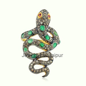 Victorian Snake Ring, Pave Rose Cut Diamond Ring, Diamond Snake Ring, Emerald Snake Ring, 925 Sterling Silver Ring,  Wedding Snake Ring,