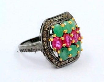Natural Ruby & Emerald Ring, Pave Rose Cut Diamond Ring, Handmade 925 Sterling Silver Wedding Ring, Antique Victorian Diamond Jewelry,