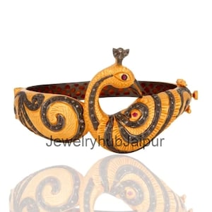 Handmade Natural Rose Cut Diamond Bangles, Victorian Vintage 925 Sterling Silver & Yellow Gold Bangles, Wedding Women&#39;s Diamond Jewelry