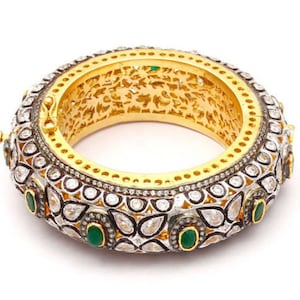 Slice Polki Diamond Bangle Pave Rose Cut Diamond Emerald Bangle 925 Sterling Silver Victorian Bangle Vintage Finish Diamond Jewelry