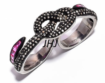 Natural Diamond Double Finger Ring, Pave Diamond Ring, Oxidized 925 Sterling Silver Ring, Ruby Diamond Two Fingers Ring, Statement Ring