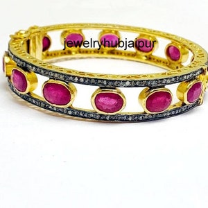 Natural Oval Ruby Bangle, Pave Rose Cut Diamond Ruby Bangle, 925 Sterling Silver & Gold Bangle, Handmade Everyday Diamond Bangle Bracelet