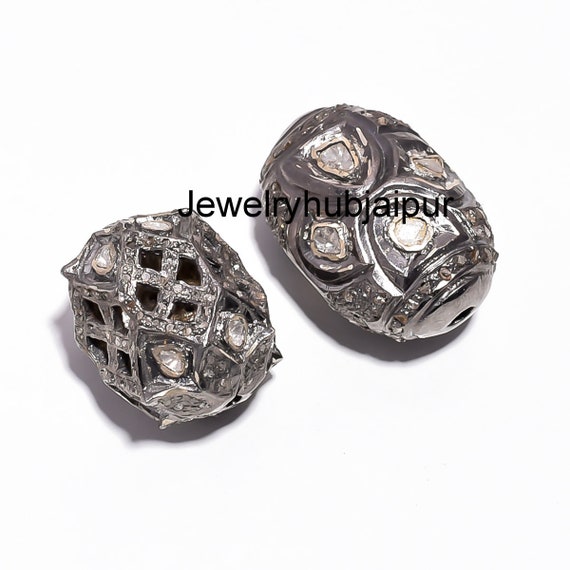 Handmade Designer 925 Sterling Silver Rose Cut Polki Diamond Victorian Beads