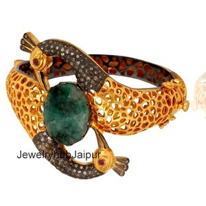 Beautiful 14 K Gold Emerald Bangle Natural Diamond Peacock Design Bangle 925 Sterling Silver Wedding Finish Bangle Anniversary Gift Bangle