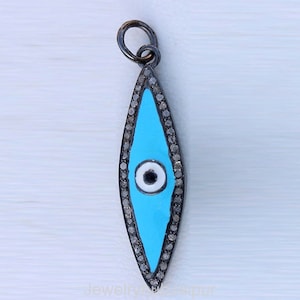 Solid 925 Sterling Silver Oxidized Pendant Jewelry, Charm Pendant, Blue Enamel Pendant, Diamond Evil Eye Enamel Pendant, Small Size Pendant