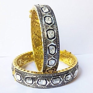 2 Piece Diamond Polki Bangles, Natural Pave Diamond Bangles, 14 k Gold Plated 925 Sterling Silver Bangle, Victorian Women&#39;s Jewelry Bangle