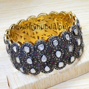 Natural  Rose Cut Diamond Bangle Uncut Diamond Polki Bangle 925 Sterling Silver & Gold Victorian Bangle Handmade Women Bangle Bracelet