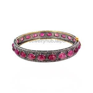 Natural Ruby Bangle, Diamond Bangle, Solid 925 Sterling Silver Oxidized Bangle, RoseCut Diamond Bangle, Wedding Women's Bangle, Gift For Her