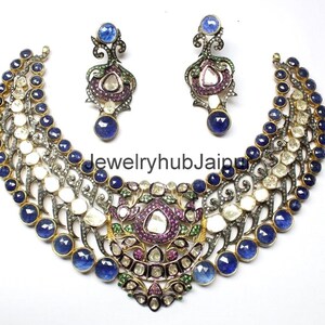 Natural Slice Polki Diamond Necklace Earring Set Sapphire Ruby Emerald Gemstone Necklace Statement Gift Necklace 925 Sterling Silver Jewelry