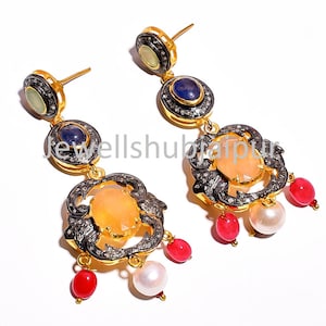 Natural Gemstone Earring, Ruby Sapphire Emerald Pearl Citrine Earring, Vintage Diamond Stud Earring, 925 Sterling Silver Earring Jewelry