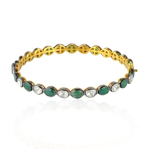 Emerald Bangle, Handmade Victorian Diamond Polki Bangle, Finish Wedding Bangle, 925 Sterling Silver & Gold Bangle, Open Women&#39;s Bangle