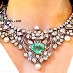 Polki Diamond Necklace Natural Emerald Pearl Wedding Necklace Black Oxidized 925 Sterling Silver Necklace Victorian Diamond Polki Necklace
