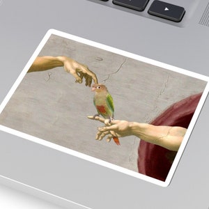 Michelangelo Pineapple Conure Kiss-Cut Sticker, Funny Conure sticker, Birb merch, Creation of Adam with Pineapple Conure sticker