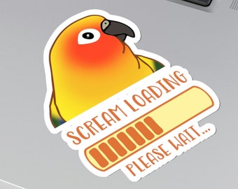 Puede incluir: Una pegatina con una ilustración de dibujos animados de un periquito amarillo y naranja con una barra de progreso que dice "SCREAM LOADING... PLEASE WAIT..."