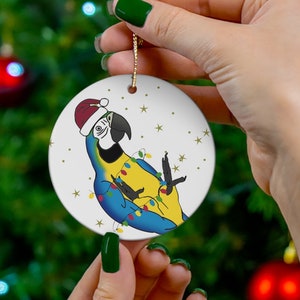 Blue Gold Macaw Ceramic Christmas Ornament: Parrot Lover Gift