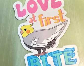 Love at First Bite Cockatiel Sticker, Funny Bird Owner Gift