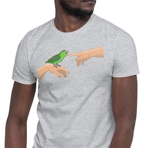 Michelangelo Angry Green Parrotlet T-Shirt, Creation of Adam Parody Tee, Parrot owner lover clothes, Birb memes clothing, Classical art Bird