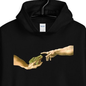Creation of a Frog Unisex Hoodie, Michelangelo Frog Hoodie, Frog memes clothes, Funny froggo apparel, Classical art memes clothing
