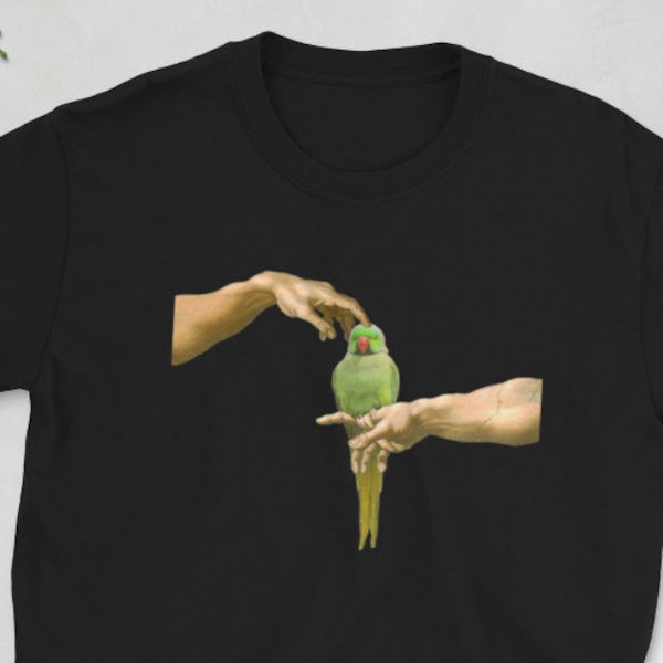 Funny indian ringneck T-Shirt, Michelangelo green indian ringneck tee, birb memes clothes, creation of adam parrot clothing