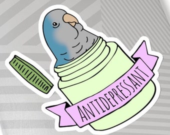 May include: A sticker of a gray and blue bird in a jar labeled "Antidepressant".