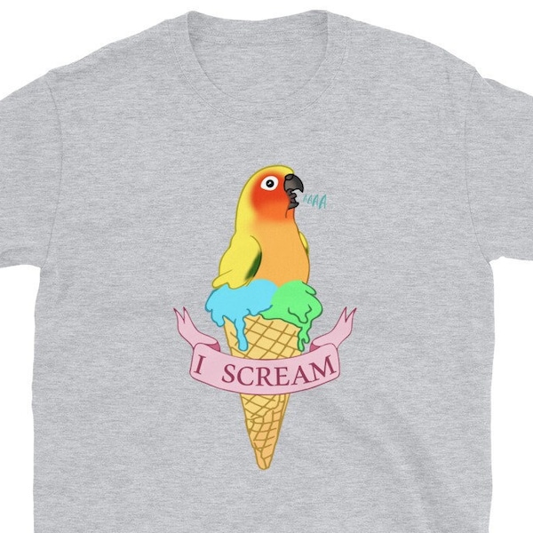 I Scream Ice Cream Sun Conure Parrot lover Tee, Bird owner clothing, birb memes clothes, Cute bird doodle