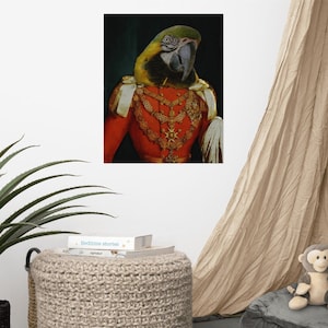 Prince Macaw Portrait Poster, Funny parrot portrait, Birb memes poster, Gold blue macaw poster gift idea