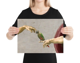 May include: A green and red parakeet is perched on a finger, mimicking the famous Renaissance painting "The Creation of Adam" by Michelangelo. The parakeet is looking at the finger, as if it is about to touch it.