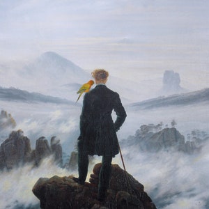Wanderer above the sea of fog with a Sun Conure Poster, Birb merch, Birb memes poster, Artsy parrot decor, Sun conure wall hanging