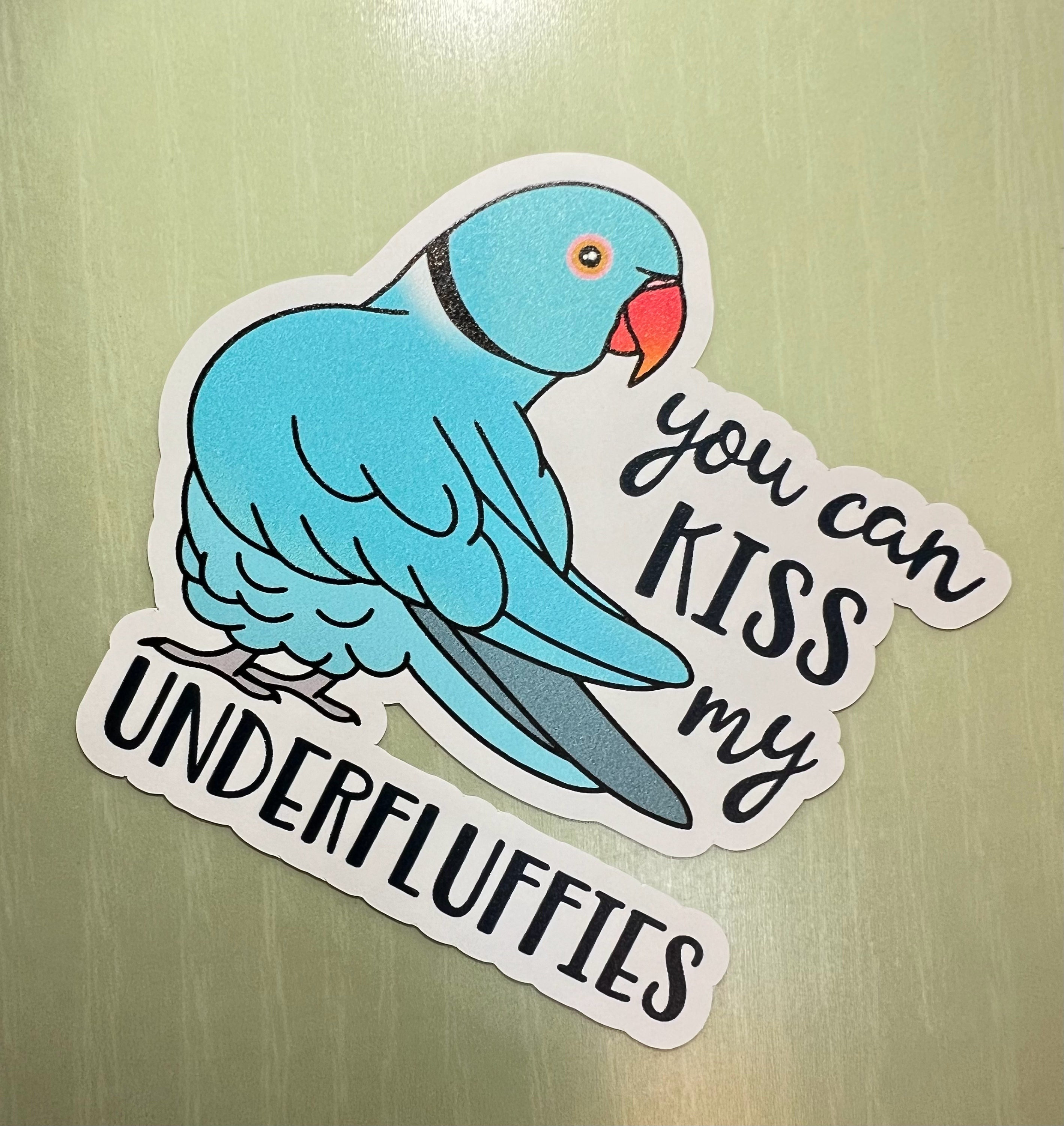 Kiss my Underfluffies Blue Indian Ringneck Sticker, Cute Alexandrine Kiss-Cut Sticker, Funny RIngneck owner gift idea, Birb merch