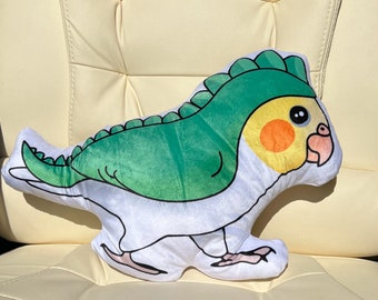 Oreiller en forme de calopsitte de dinosaure Lutino, Merch de bouleau, peluche de bouleau, idée cadeau de calopsitte, coussin de perroquet de dinosaure, décoration de maison de perroquet drôle