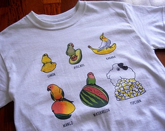 Parrot Fruit Doodle T-Shirt Cockatiel Cockatoo Lovebird Sun Conure Quaker Monk Parakeet Budgie Budgerigar Banana Mango Avocado Lemon Popcorn